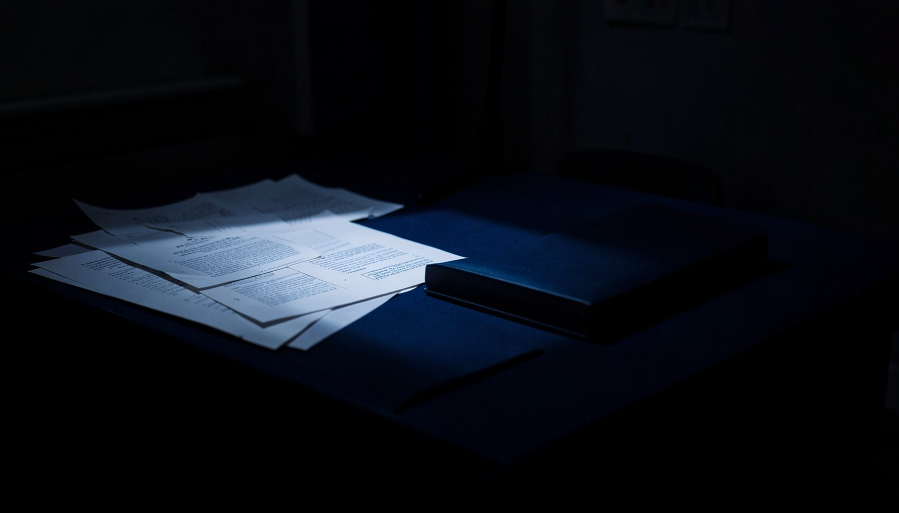 A dim, low-lit study of a navy blue desk with scattered papers and a closed folder, shadows pooling across the surface, suggesting quiet academic work.