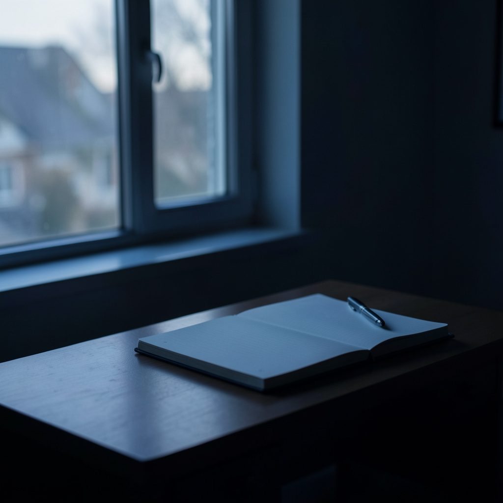 Soft, dim portrait-style photograph of an empty study desk near a window, notebook and pen resting in shadow, muted navy and grey tones