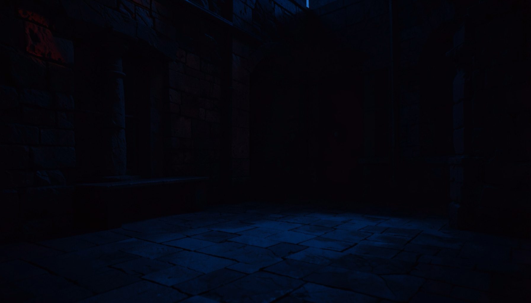 Dark low-key photograph of a stone courtyard at dusk, deep navy shadows with a faint red glow