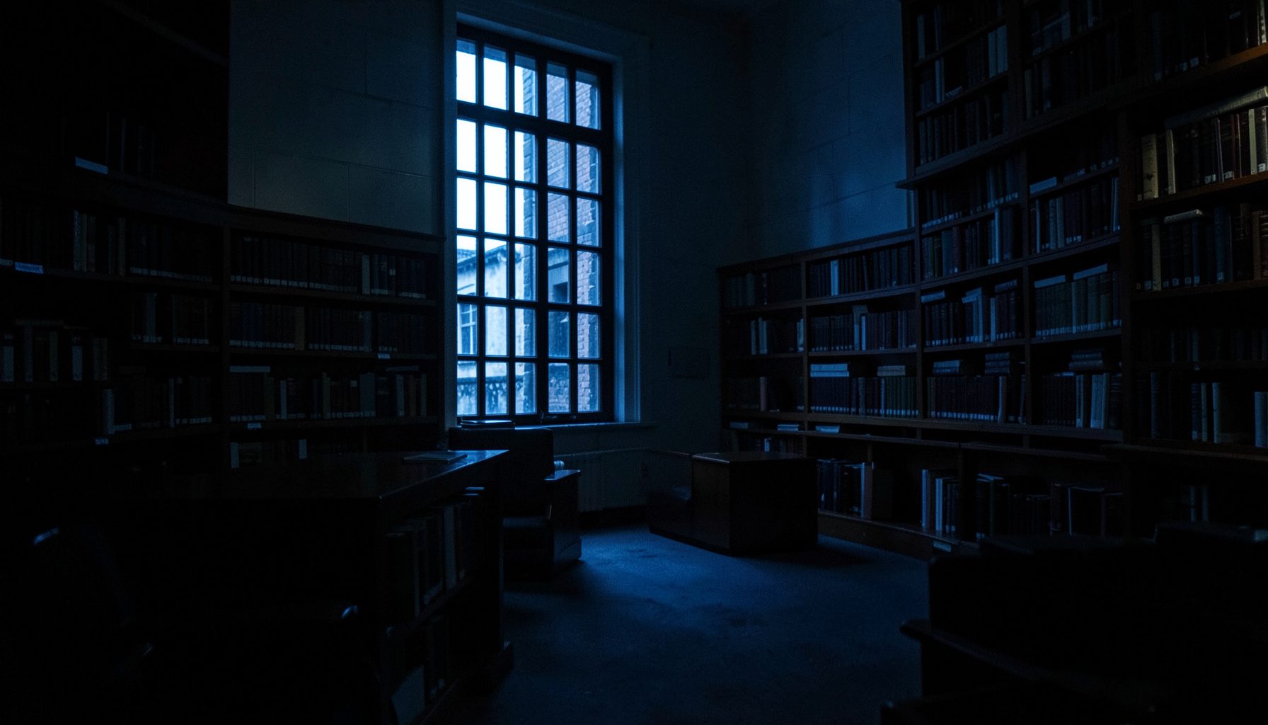 Dim, shadowy photograph of a quiet university library reading room with tall windows and dark blue tones, evoking a contemplative study atmosphere.