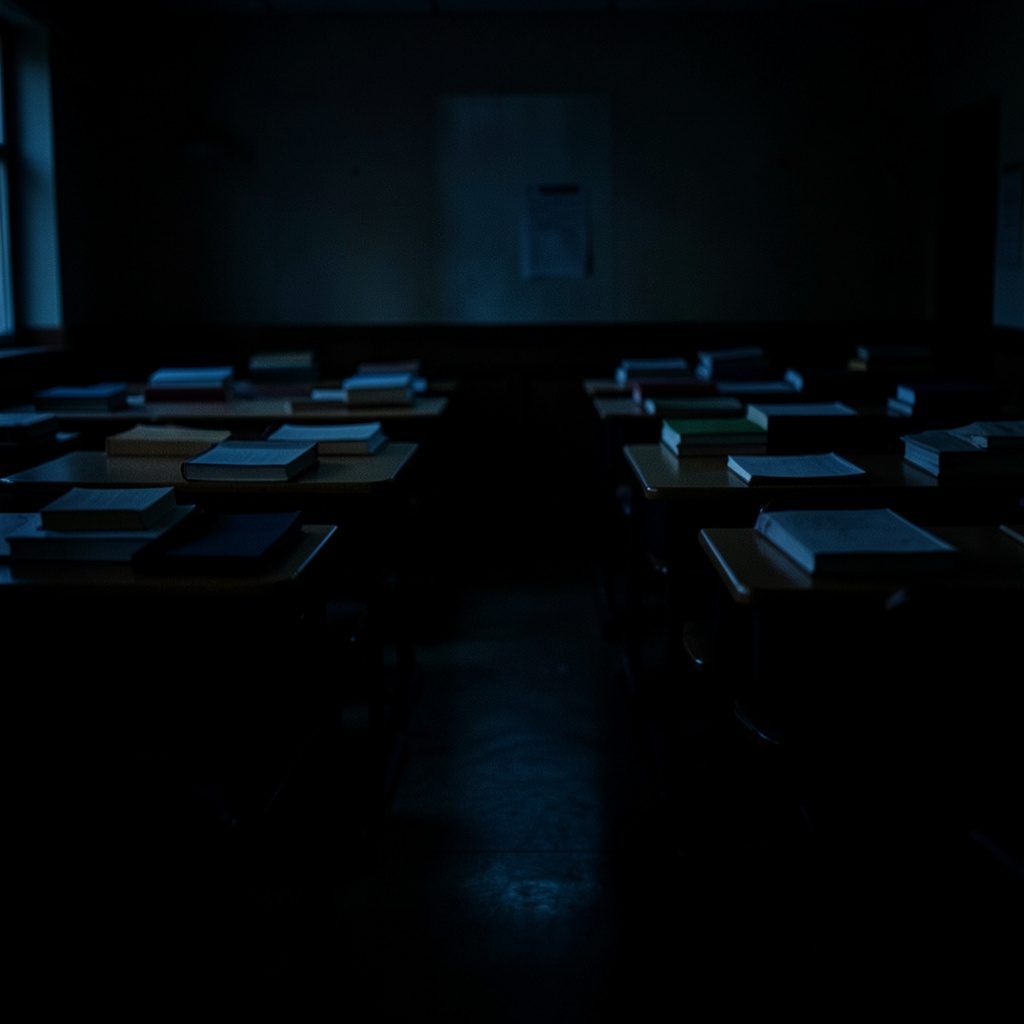 Dark, low-key photograph of university reading-room desks with rows of closed books, deep shadow and a single soft pool of light